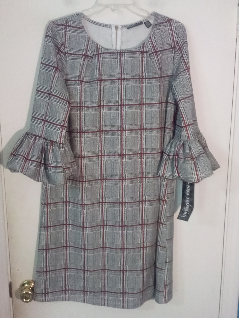 * Nina Leonard Plaid Ruffle Sleeve Shift Dress Large NWT $89 Bubble Puff Sleeve